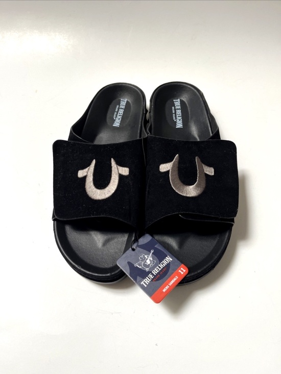 True Religion Biggy Slide Sandals Black Hook Loop Strap Men’s Size 11 NWOB